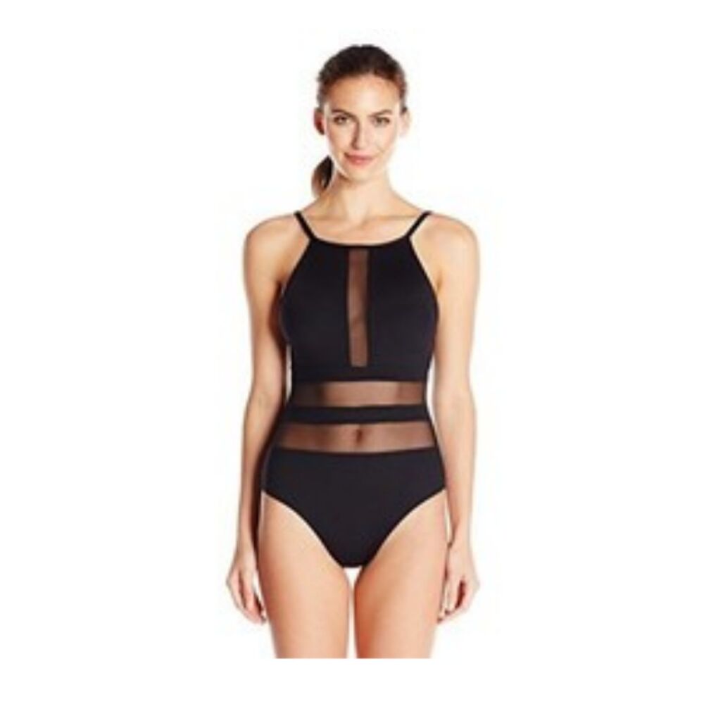 La Blanca Pretty Revealing Mesh High Neck Black One Piece Swimsuit Siren Vibe 8